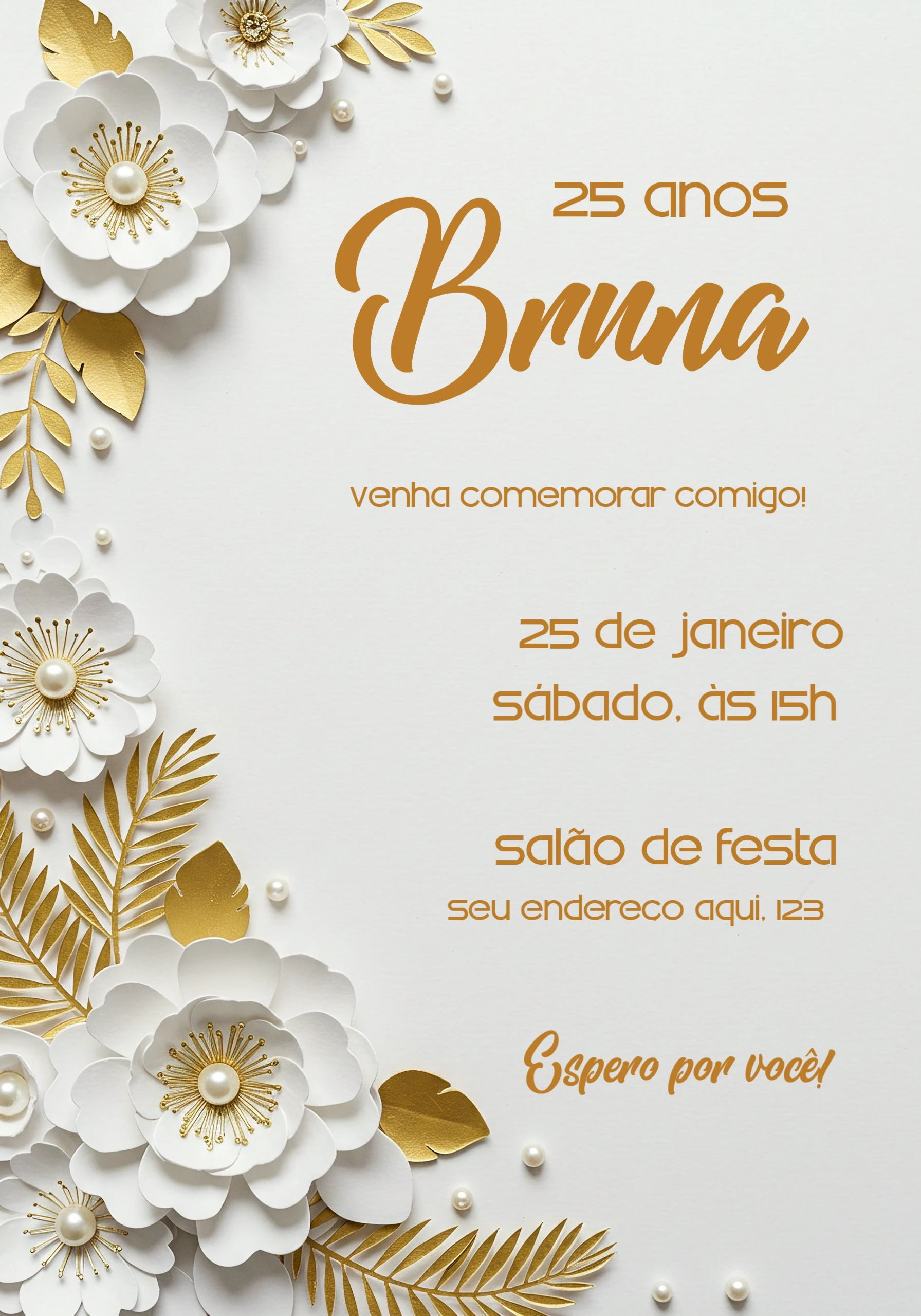 Convite de Aniversário Elegante com Flores Brancas e Dourado Editável
