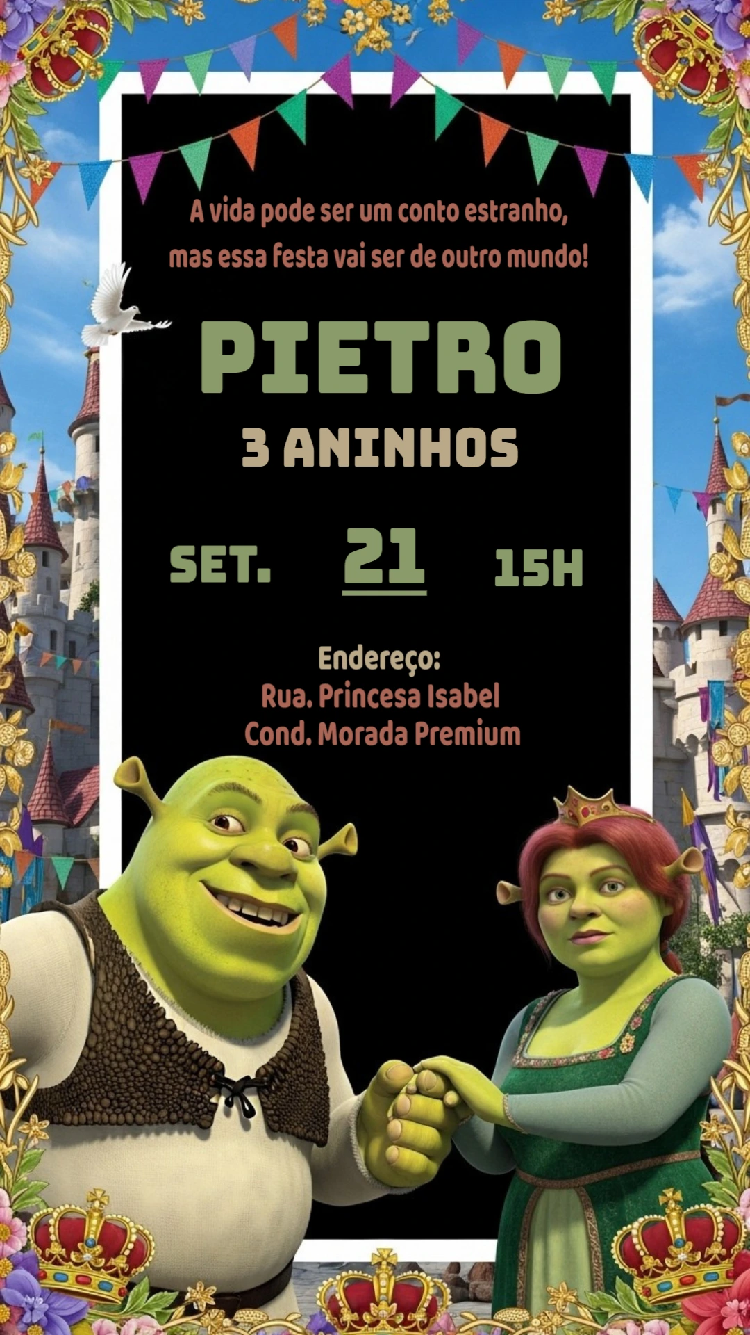 Convite de Aniversário Shrek com Personagens para Editar Online