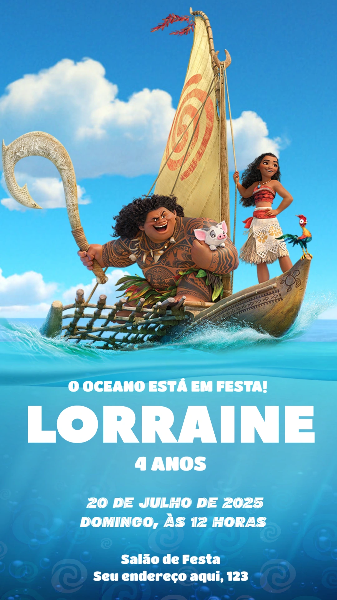 Convite de Aniversário Moana e Maui para Editar Online