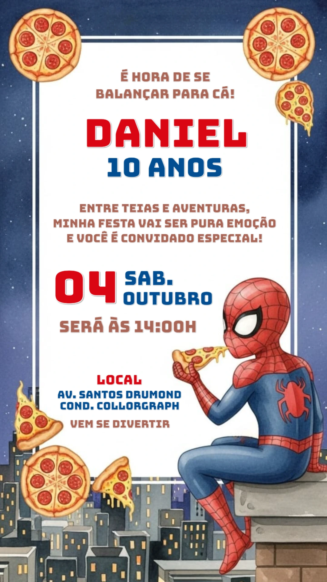 Convite Aniversário Homem Aranha Pizza para Editar Online
