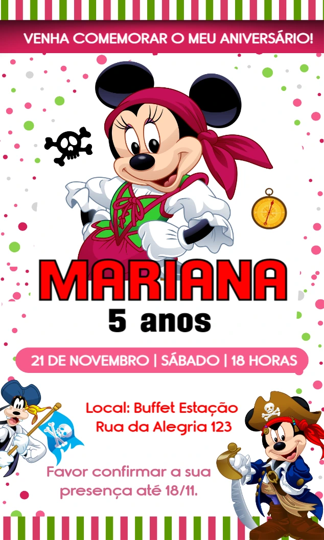 Convite Aniversário Minnie Pirata para Editar Online