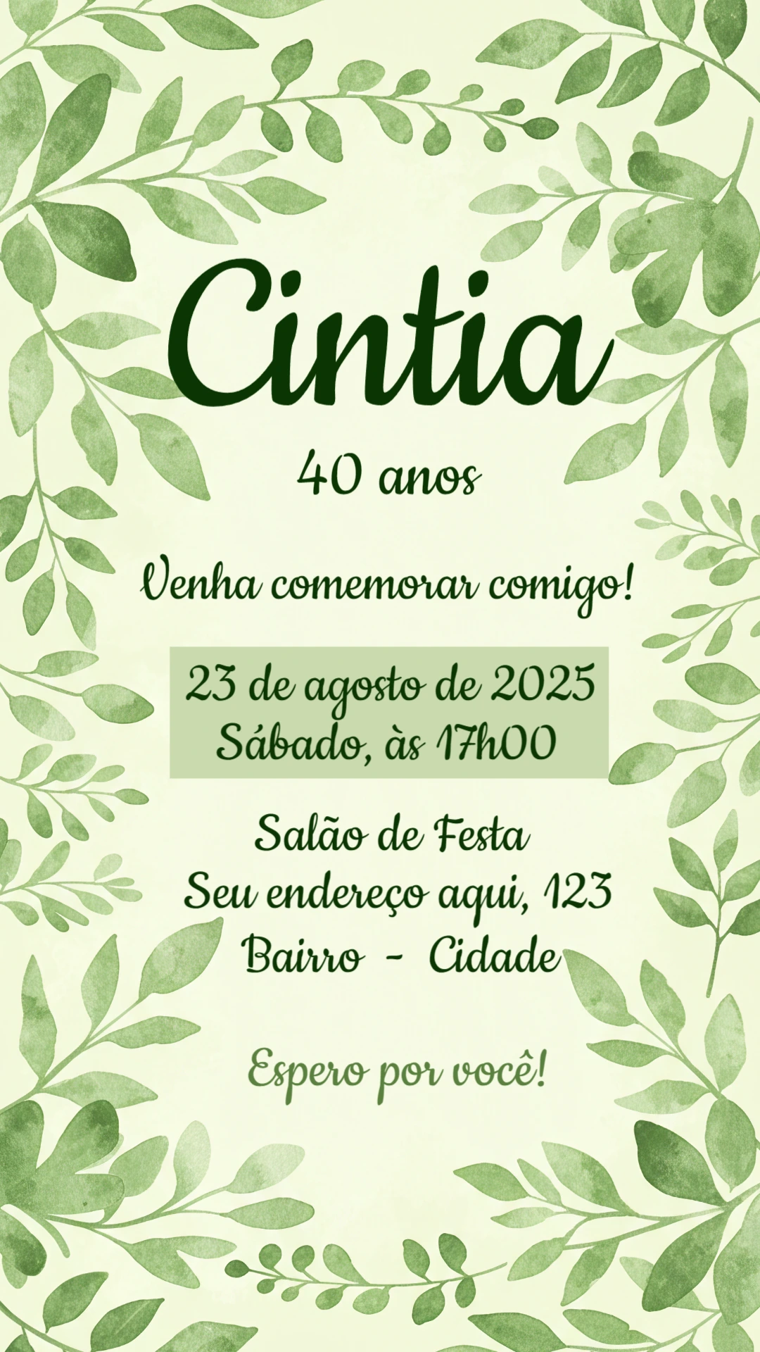 Convite Aniversário Botânico com Folhas para Editar