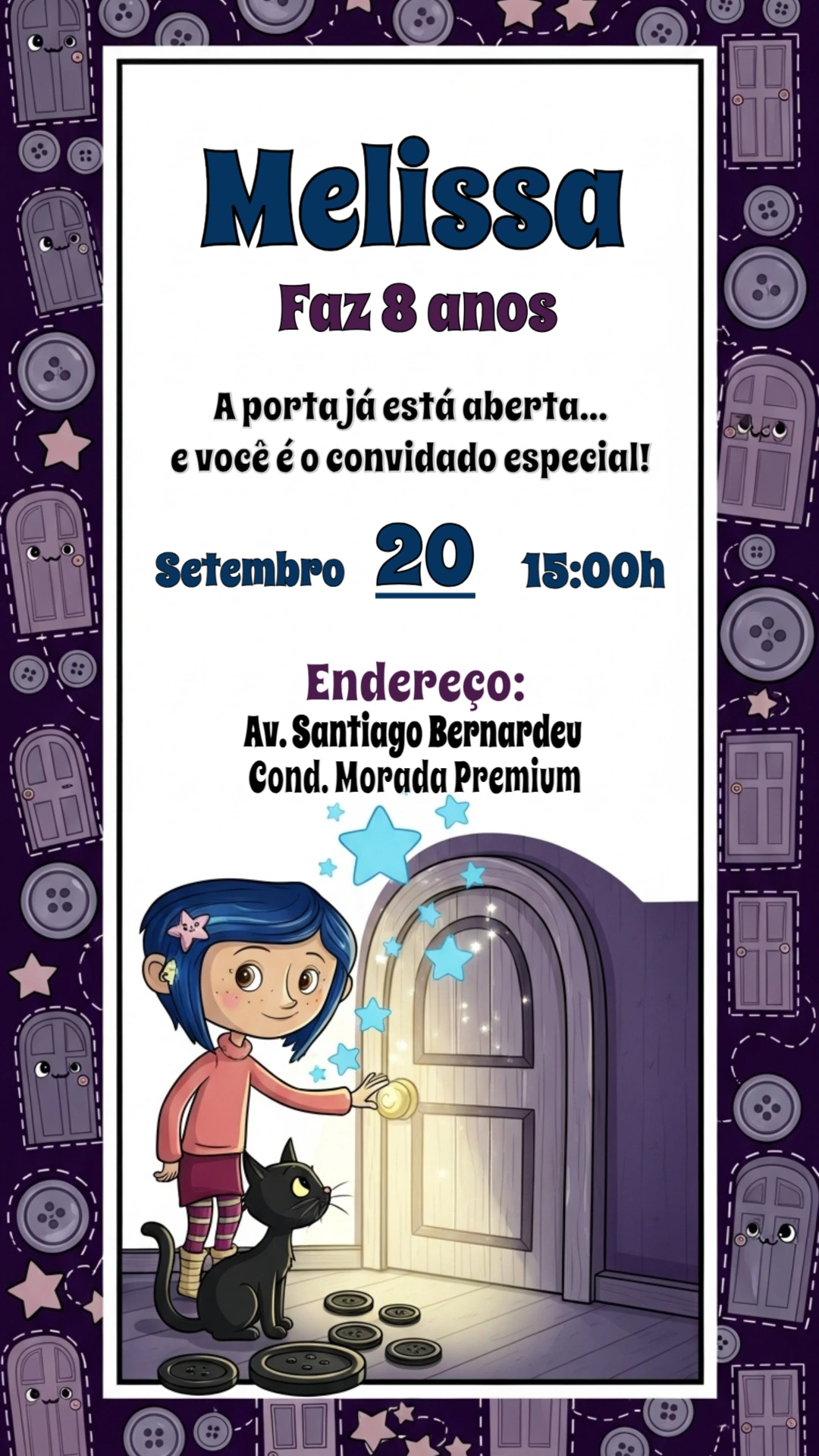 Convite de Aniversário Coraline para Editar Online