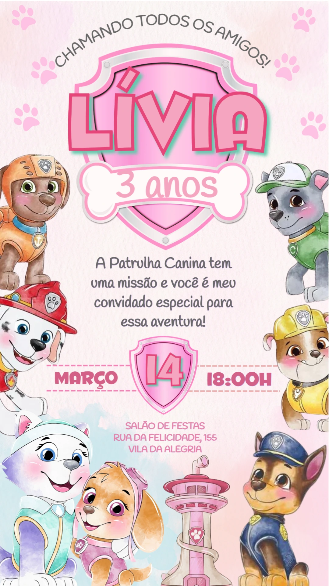 Convite Digital Patrulha Canina Menina Editável para Aniversário