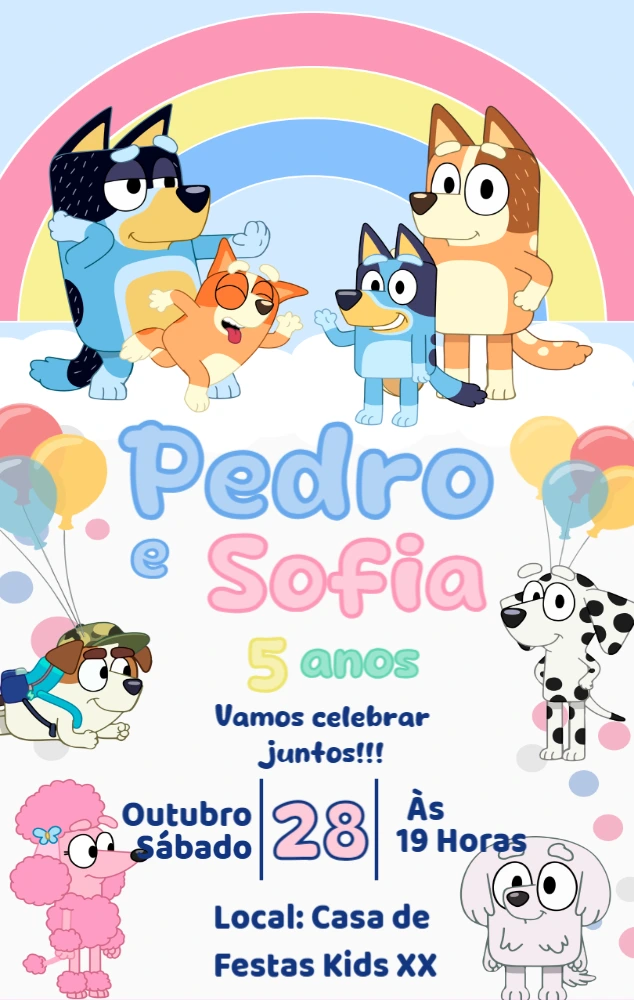Convite Aniversário Duplo Bluey e Bingo para Editar Online