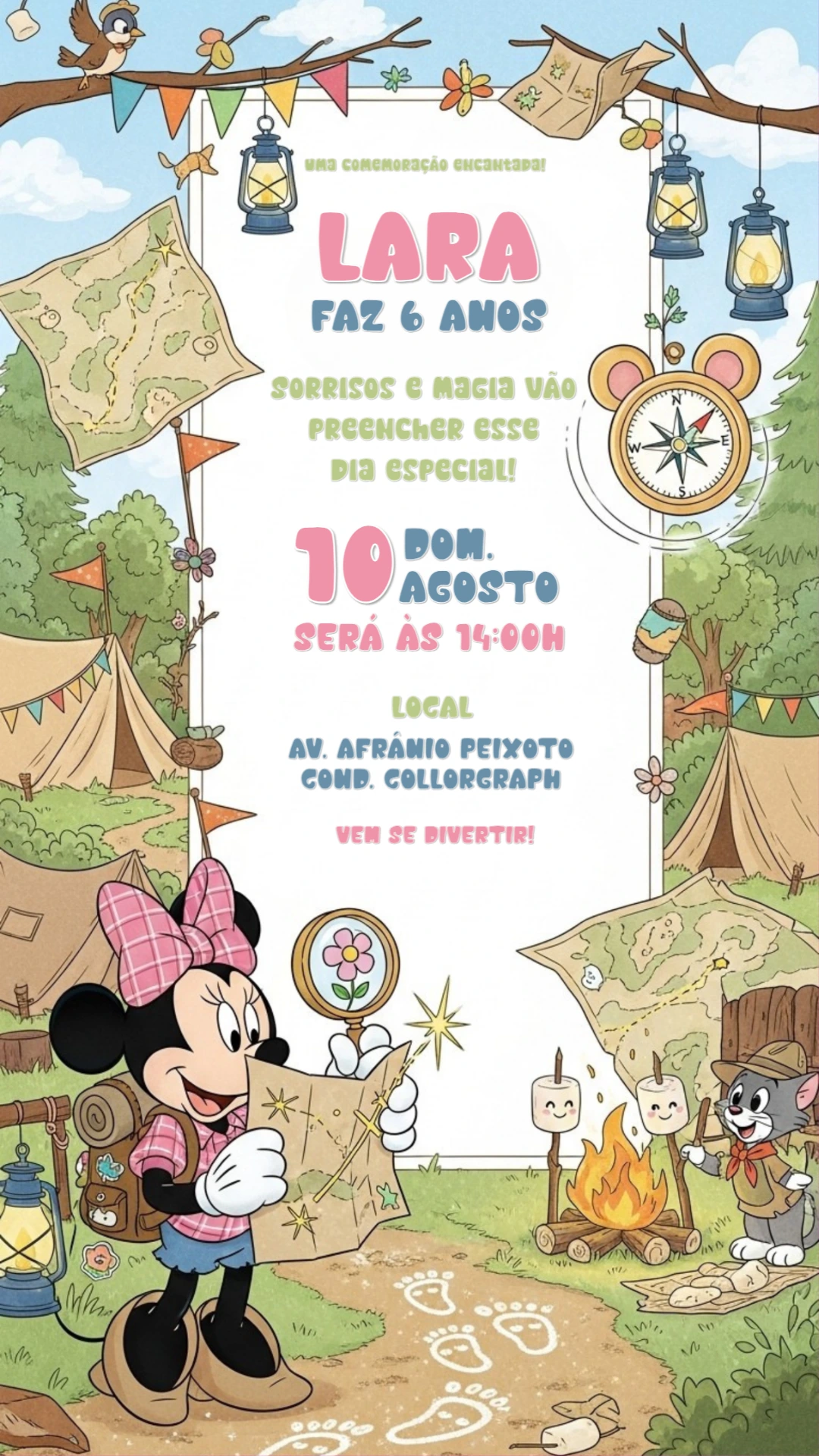 Convite Aniversário Minnie Aventureira para Editar Online