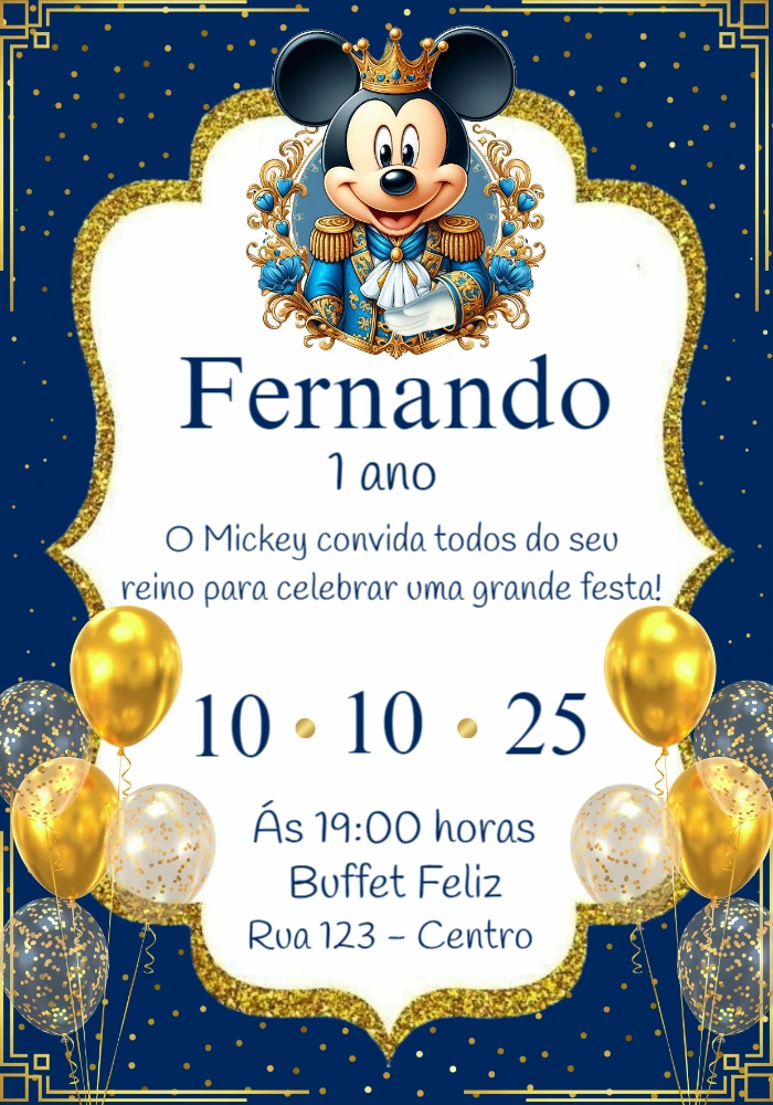Convite Aniversário Mickey Realeza Editável para Imprimir