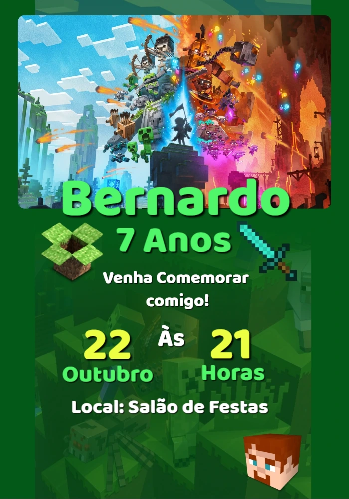 Convite de Aniversário Minecraft com Personagens para Editar