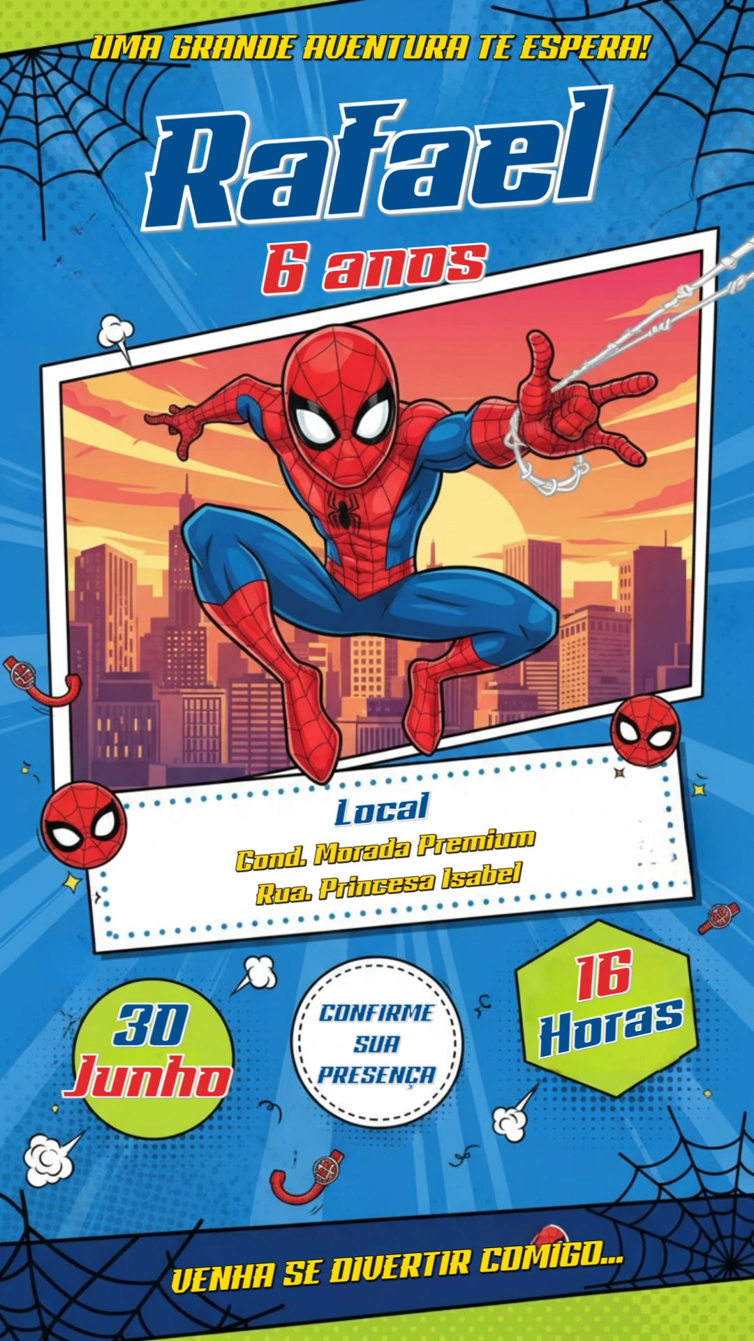 Convite de Aniversário Homem-Aranha Estilo HQ para Editar
