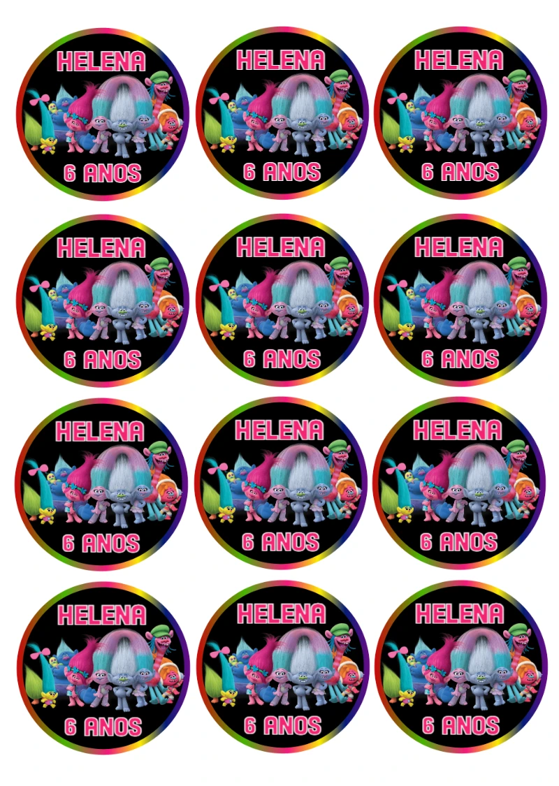 Adesivo Trolls para Aniversário para Editar e Imprimir