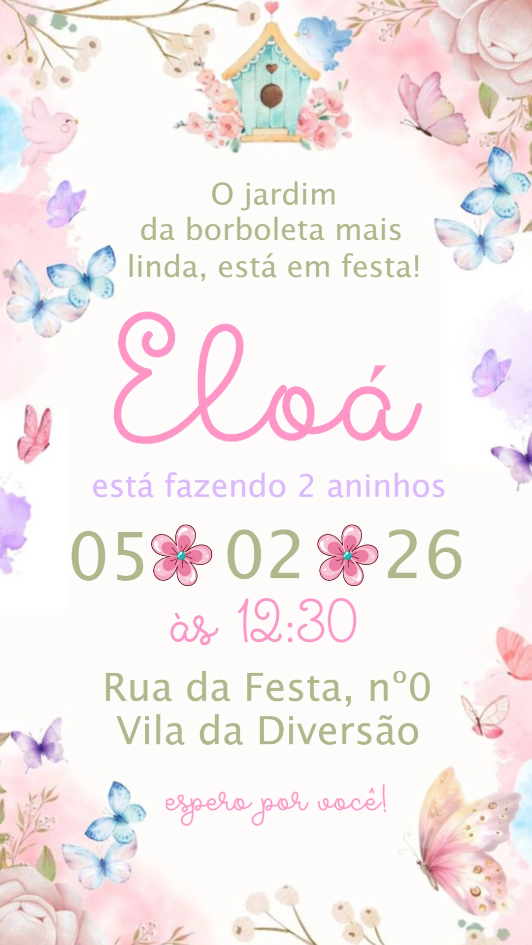 Convite Aniversário Jardim das Borboletas Aquarela Editável