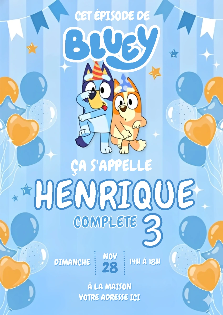 Invitation Anniversaire Bluey et Bingo à Modifier en Ligne