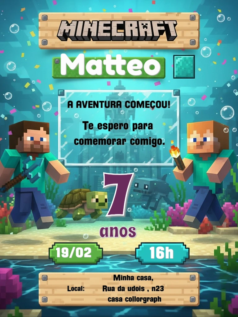 Convite Aniversário Minecraft Fundo do Mar para Editar Online