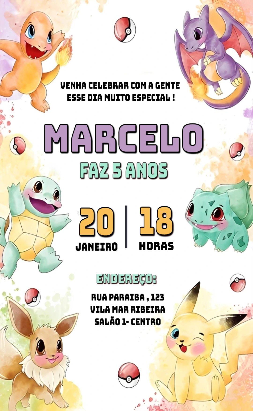 Convite de Aniversário Pokémon com Pikachu para Editar Online