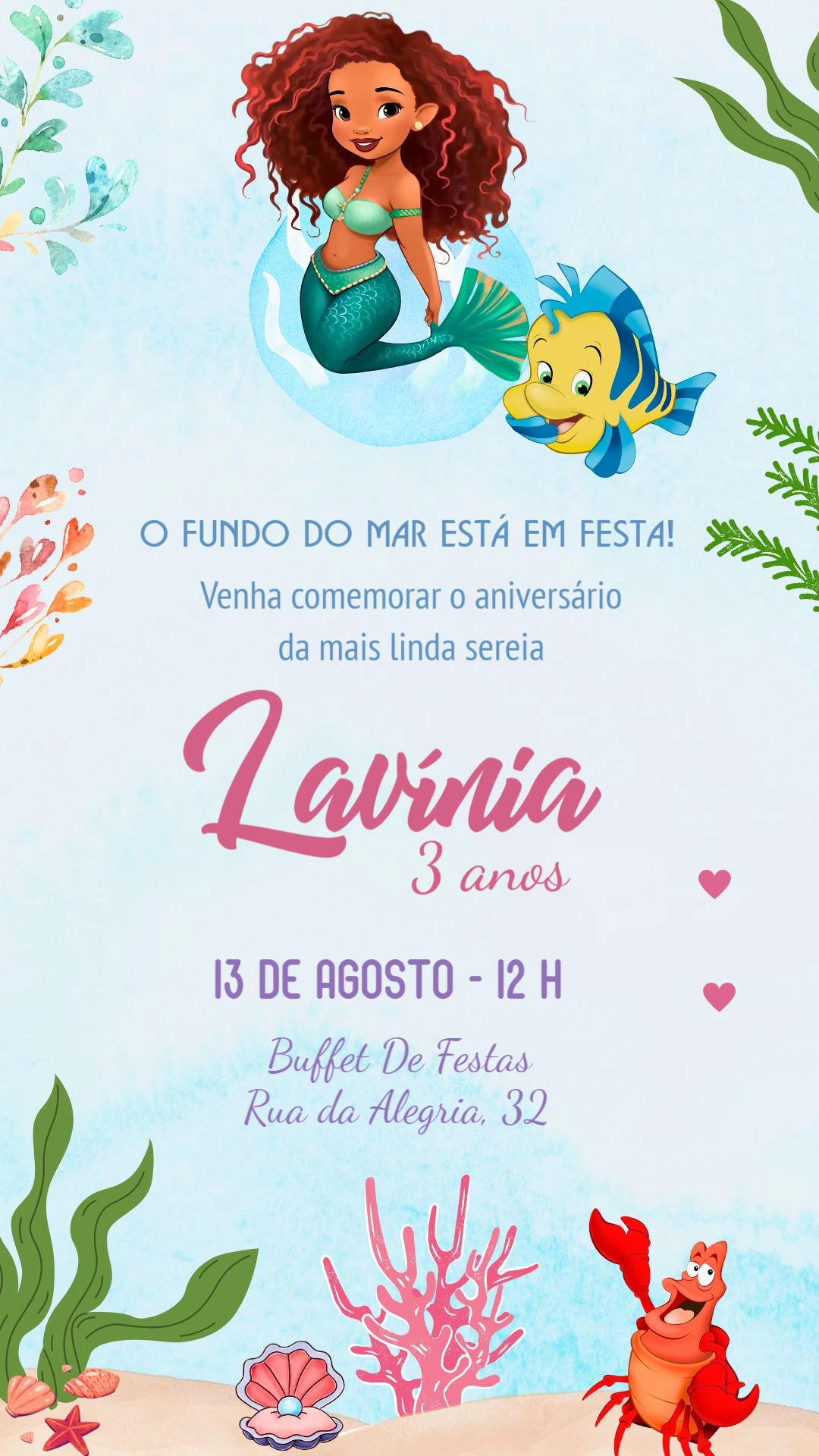 Convite Aniversário A Pequena Sereia Editável Online