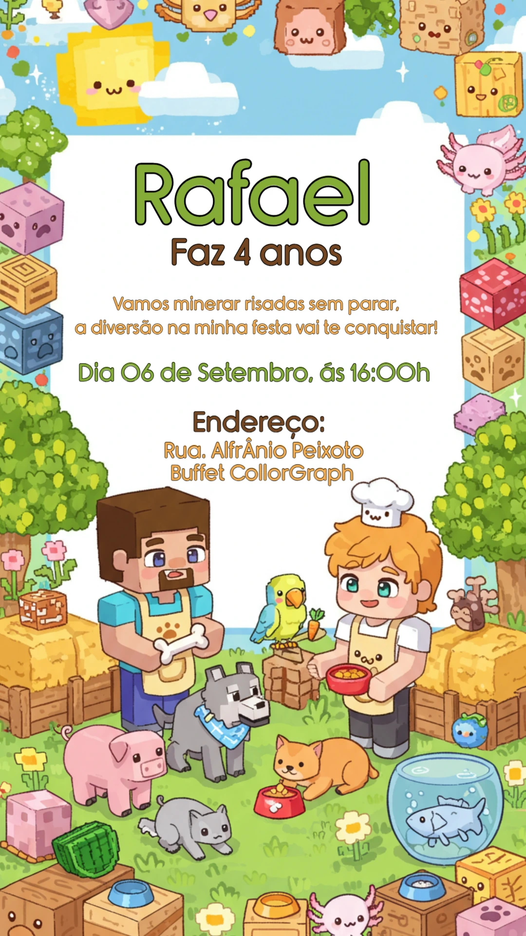 Convite Aniversário Minecraft Animais Fofos para Editar Online