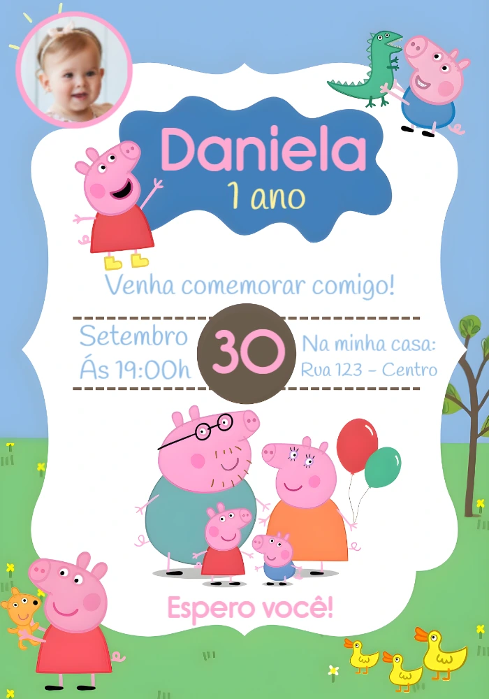Convite de Aniversário Peppa Pig com Foto para Editar Online