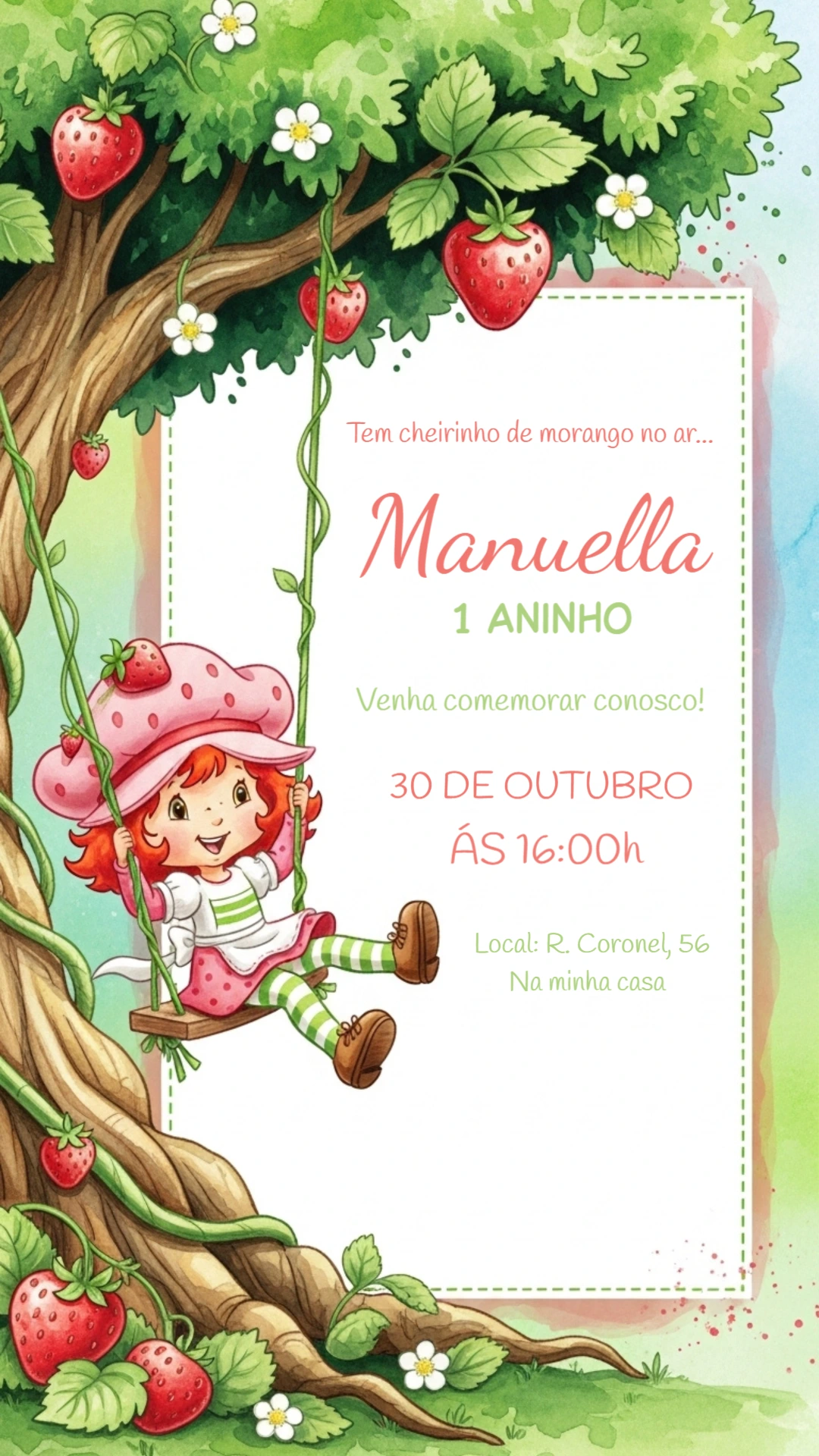 Convite de Aniversário Moranguinho Clássica para Editar Online