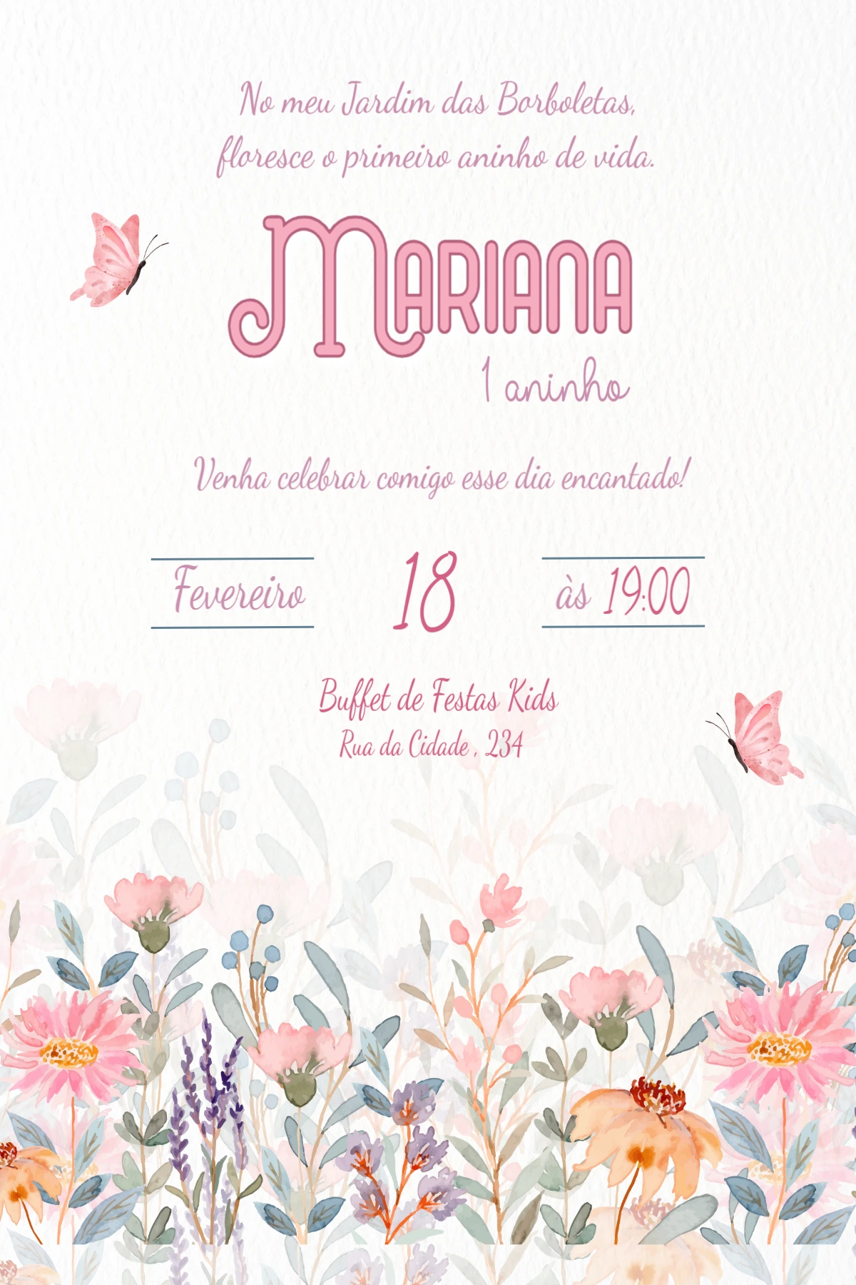 Convite de Aniversário Jardim das Borboletas Floral para Editar