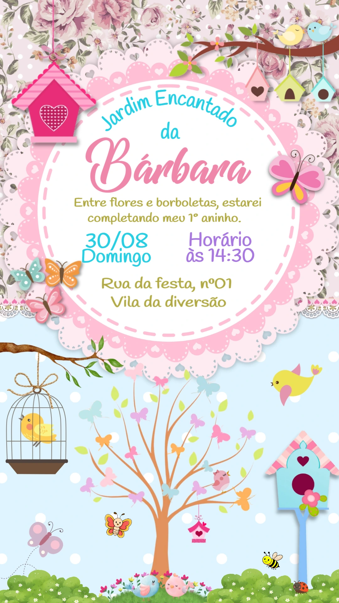Convite de Aniversário Jardim Encantado Delicado para Editar