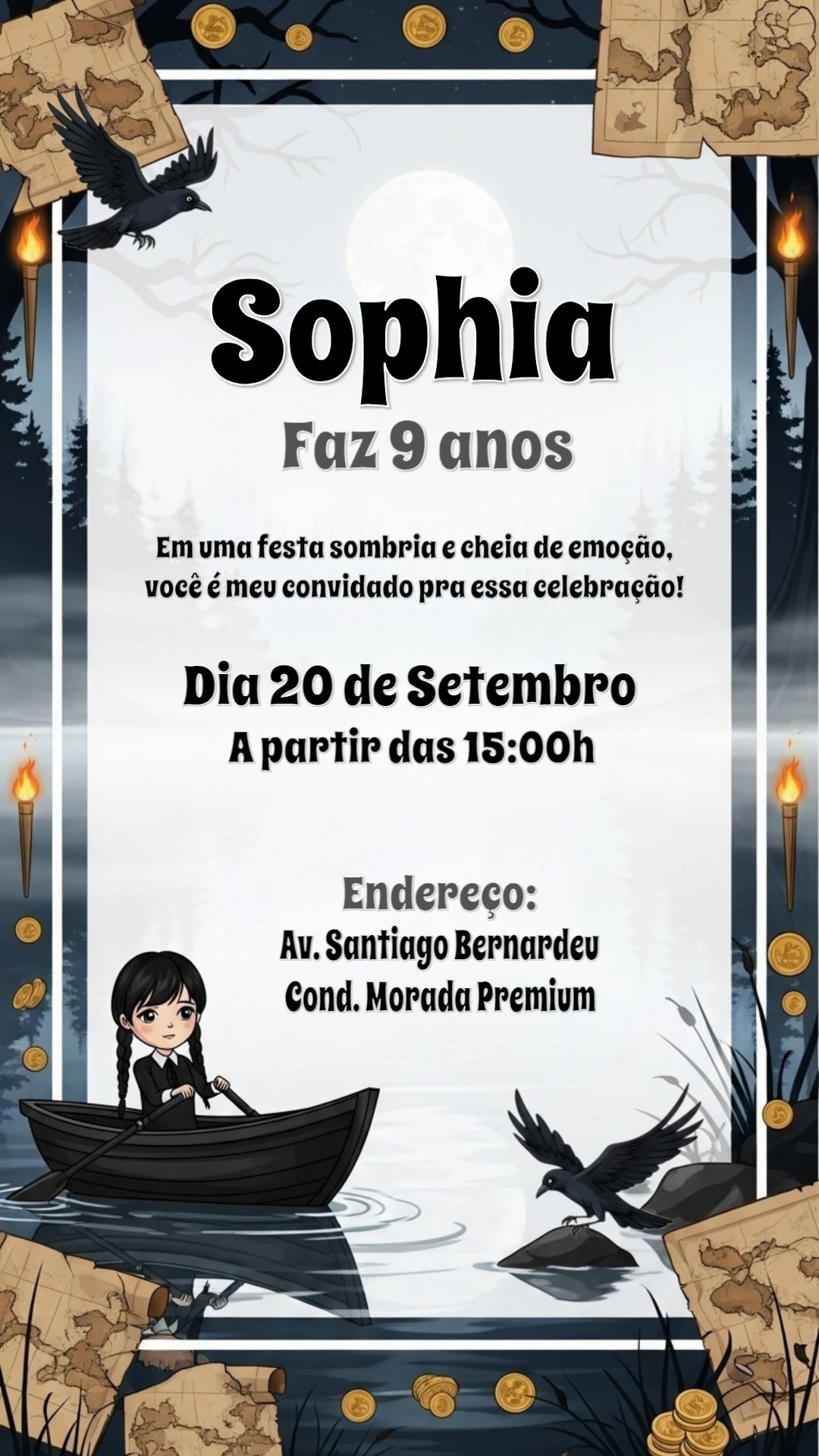 Convite Aniversário Wandinha Addams para Editar Online