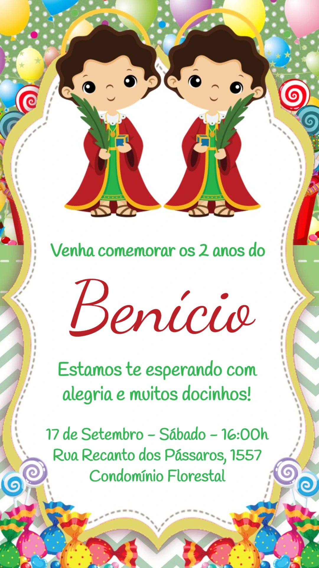 Convite Aniversário Cosme e Damião Fofo para Editar Online