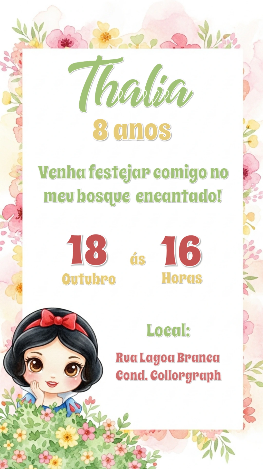 Convite Editável Aniversário Branca de Neve Bosque Encantado