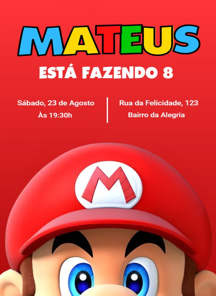 Convite Aniversário Super Mario Bros para Editar Online