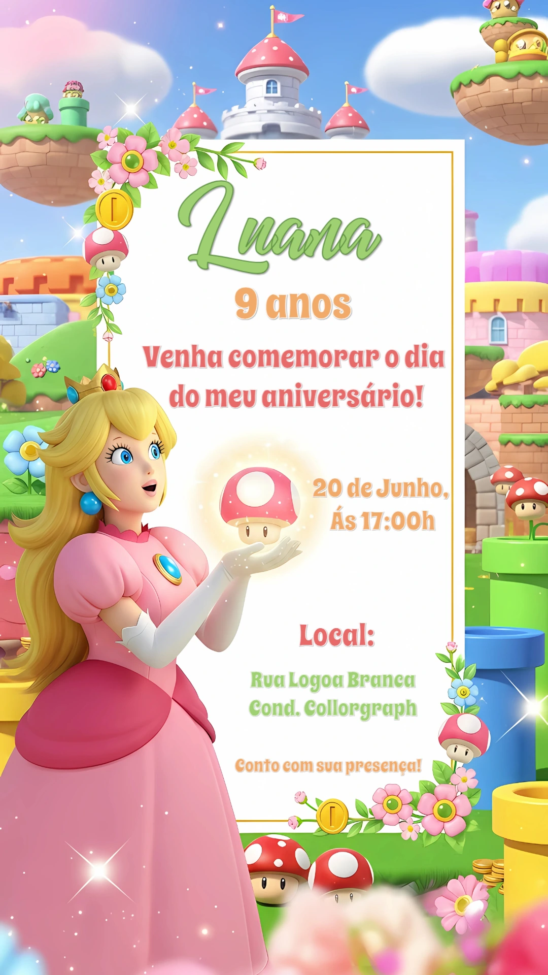 Convite de Aniversário Princesa Peach para Editar Online