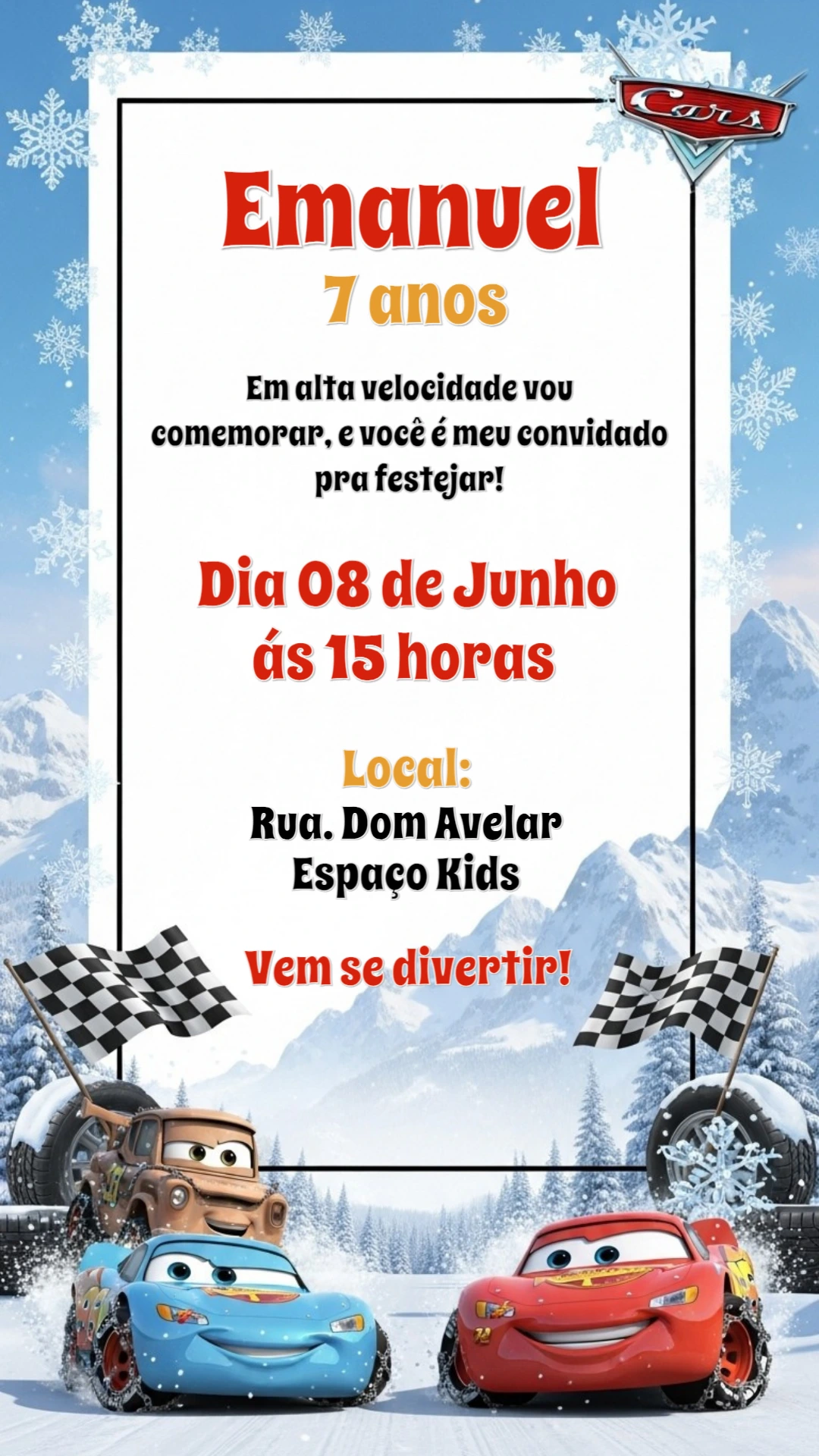 Convite Aniversário Relâmpago McQueen na Neve para Editar