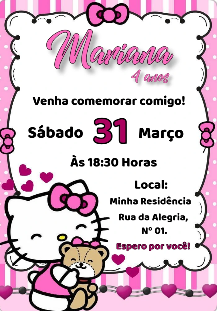 Convite Editável Aniversário Menina Tema Hello Kitty Rosa