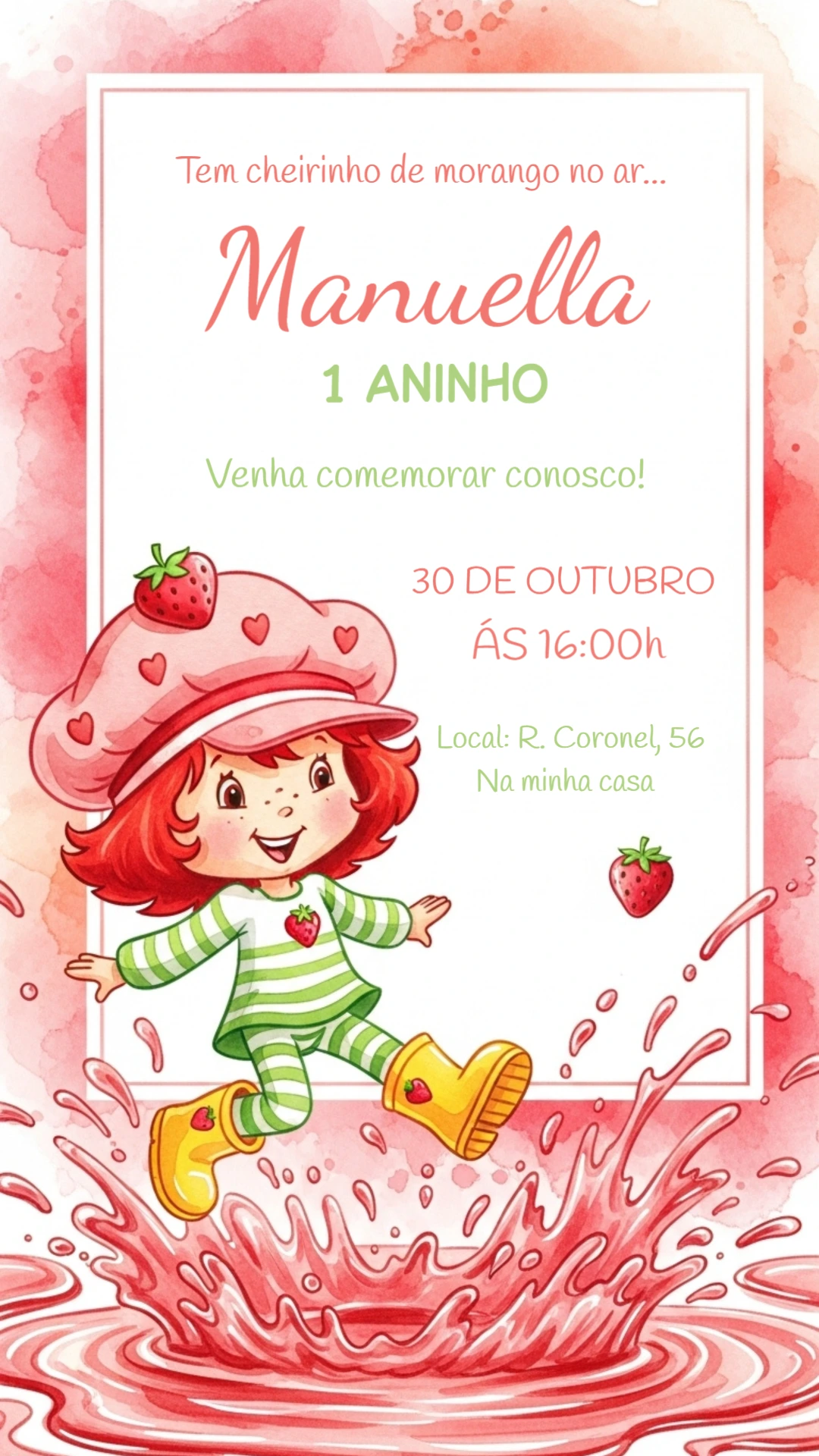 Convite de Aniversário Moranguinho para Editar Online