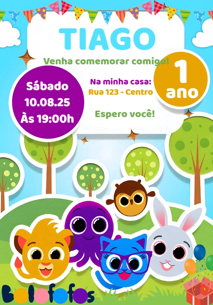 Convite Aniversário Bolofofos com a Turma para Editar Online