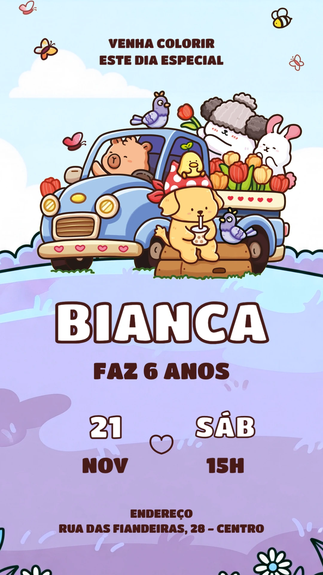 Convite Aniversário Para Colorir com Animais Fofos Editável