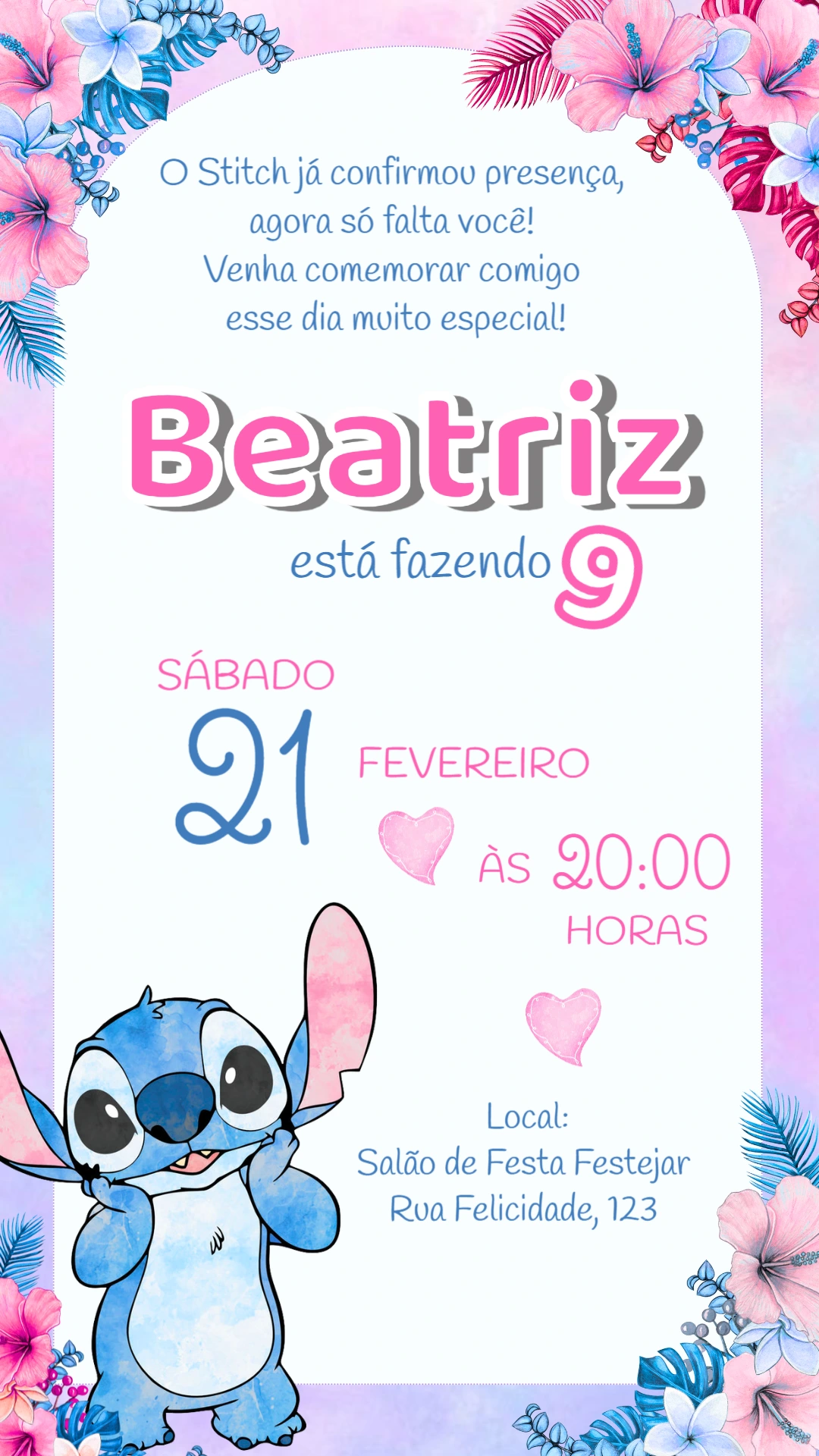 Convite Aniversário Stitch Aquarela para Editar Online