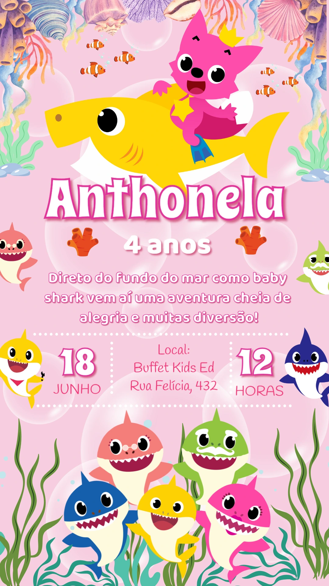 Convite Aniversário Baby Shark Rosa Editável Online