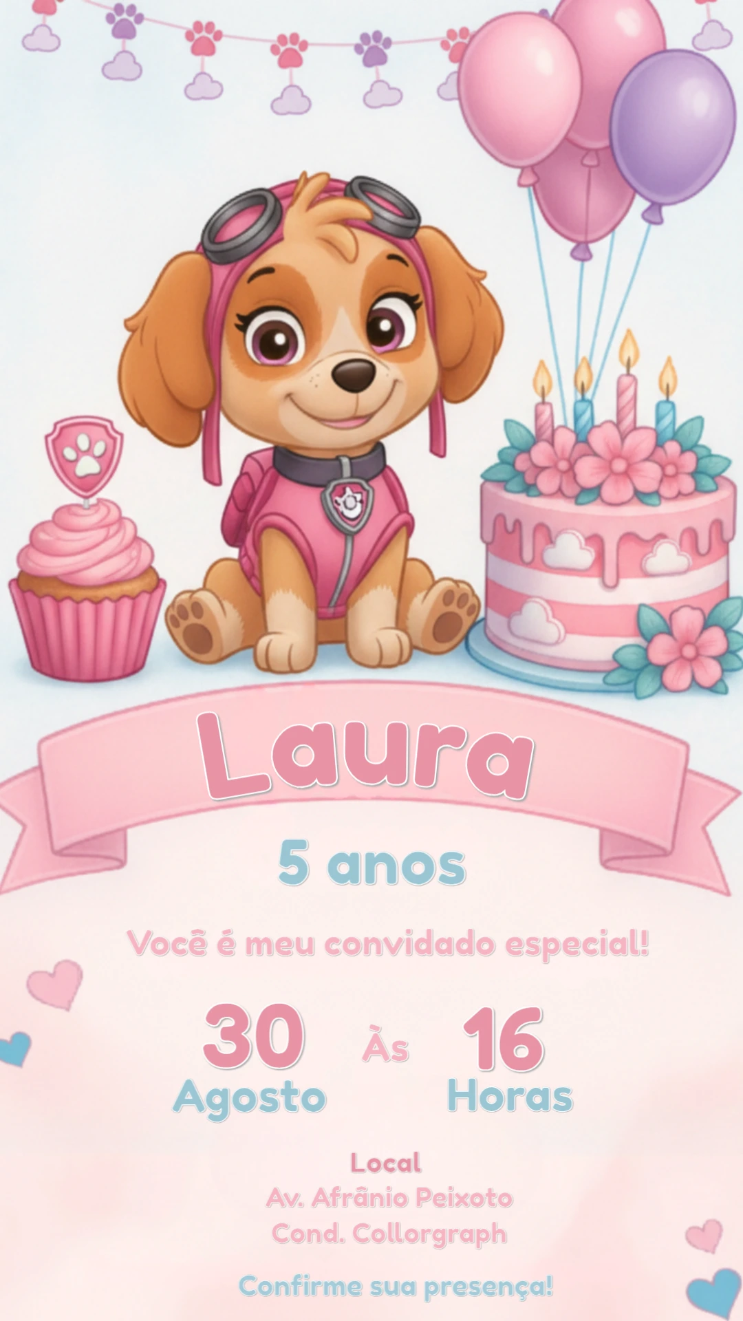 Convite Digital Aniversário Skye Patrulha Canina Rosa Editável