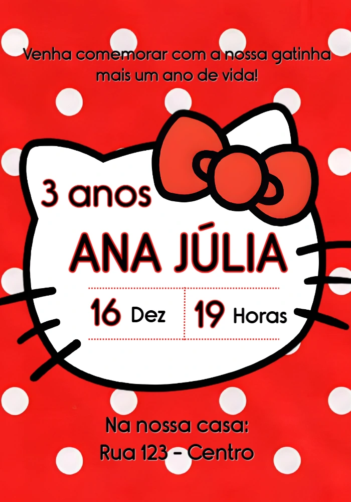 Convite de Aniversário Hello Kitty Vermelho para Editar