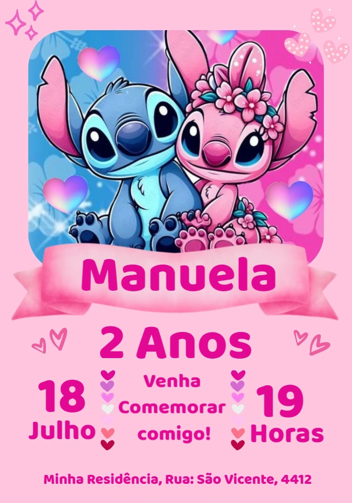 Convite de Aniversário Stitch e Angel para Editar Online