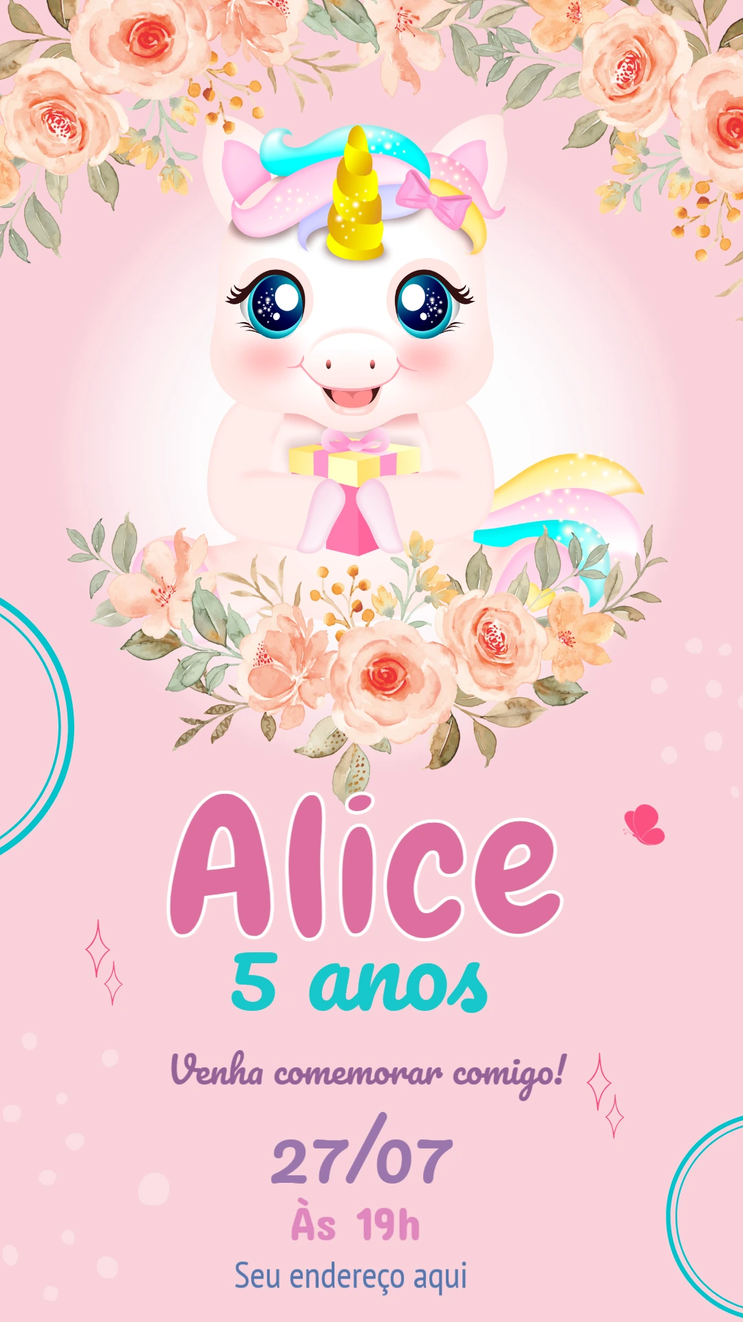 Convite de Aniversário Unicórnio Fofo para Editar Online