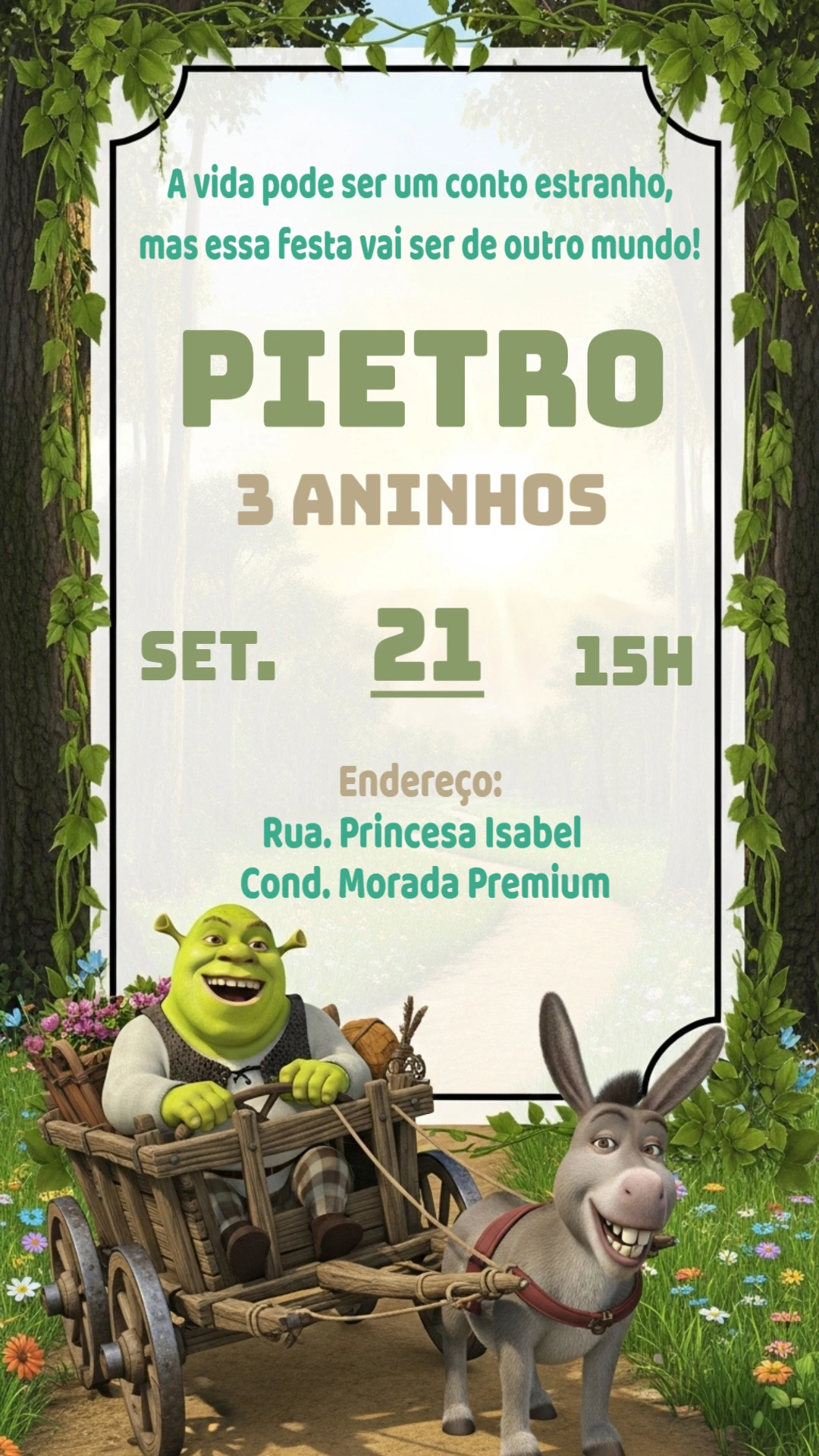 Convite de Aniversário Shrek com o Burro para Editar Online