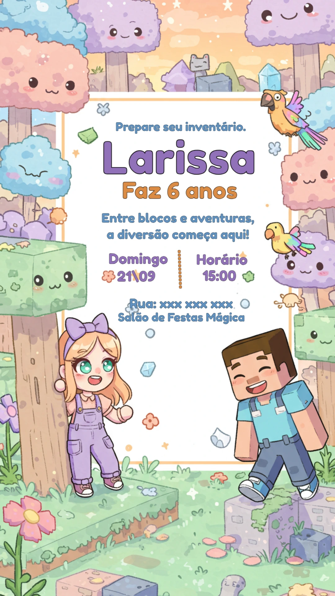 Convite Aniversário Minecraft Kawaii para Editar Online