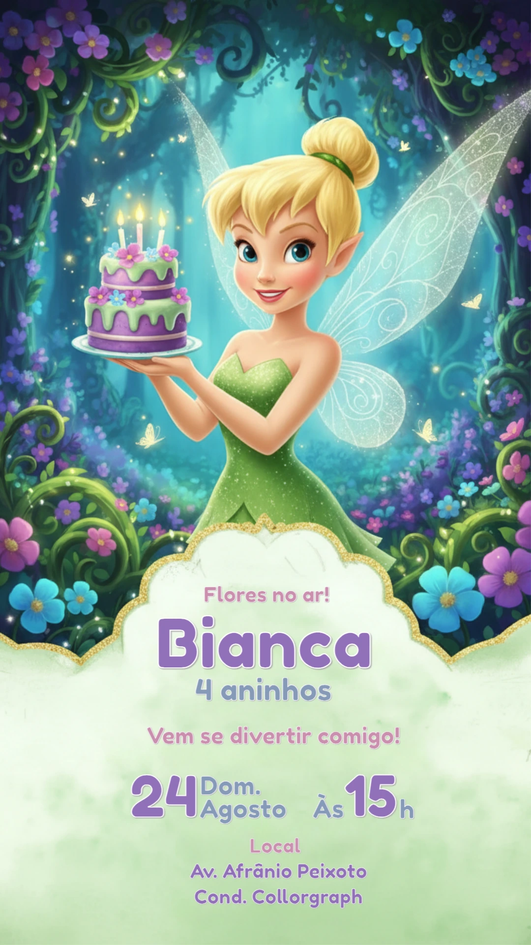 Convite de Aniversário Sininho Floresta Mágica Editável