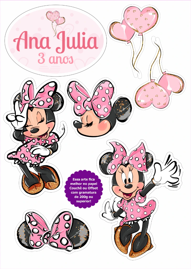 Topo de Bolo Minnie Rosa para Editar e Imprimir