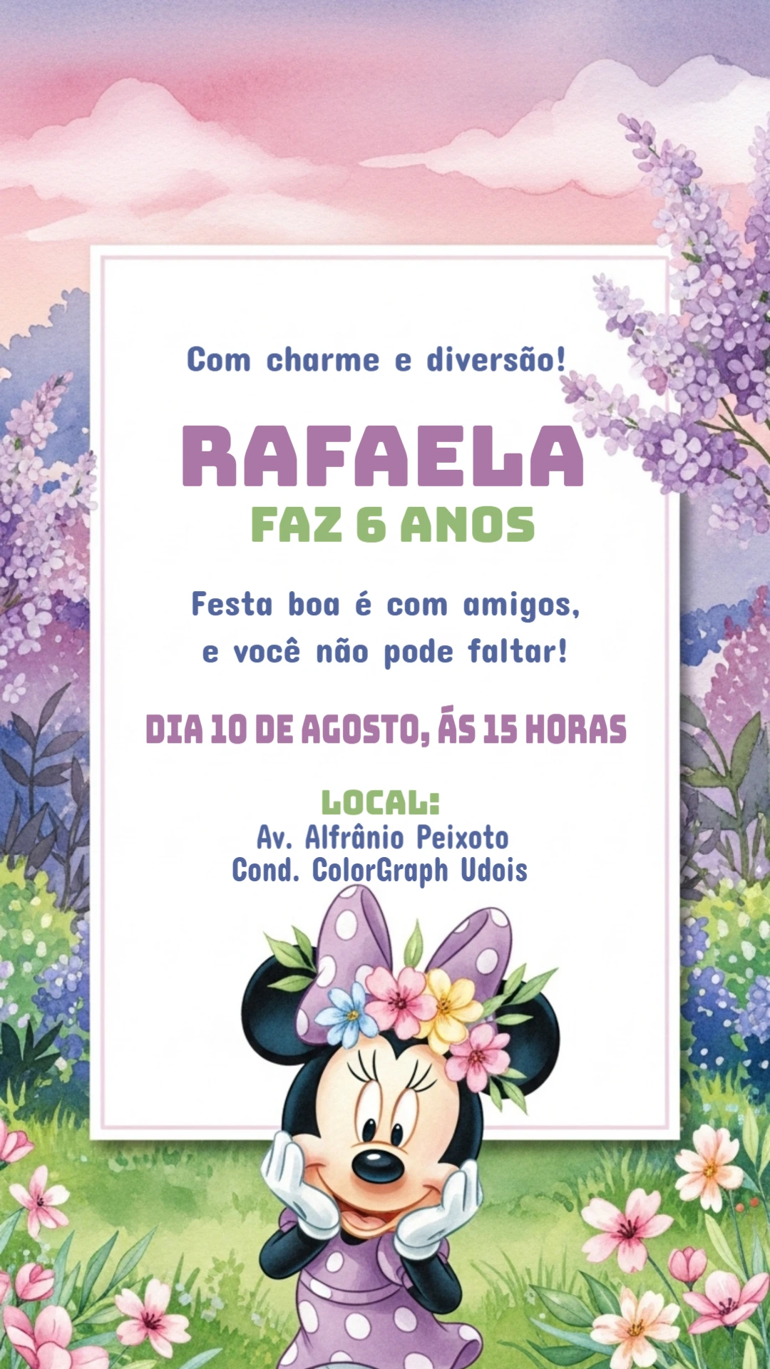 Convite Aniversário Minnie Mouse Lilás para Editar Online