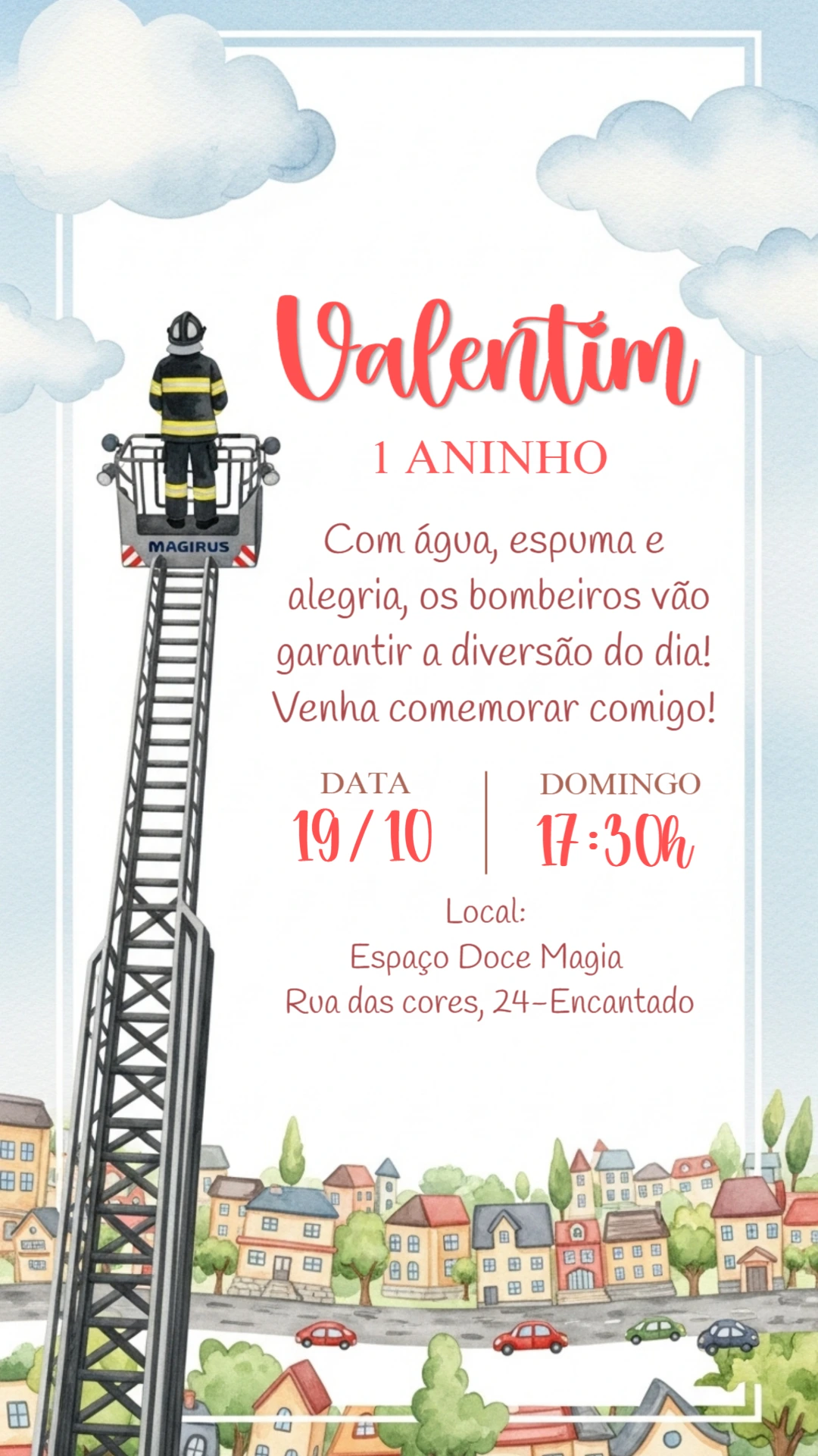 Convite Aniversário Bombeiro Infantil para Editar Online