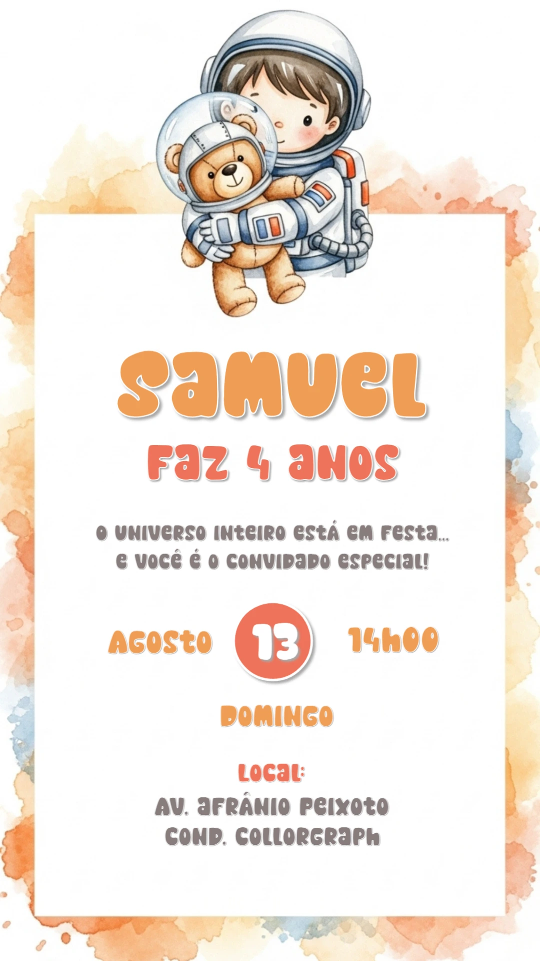 Convite Aniversário Astronauta com Ursinho para Editar Online