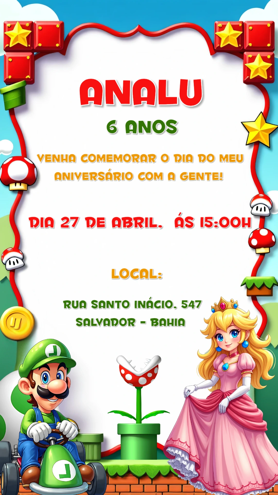 Convite Aniversário Super Mario com Personagens para Editar