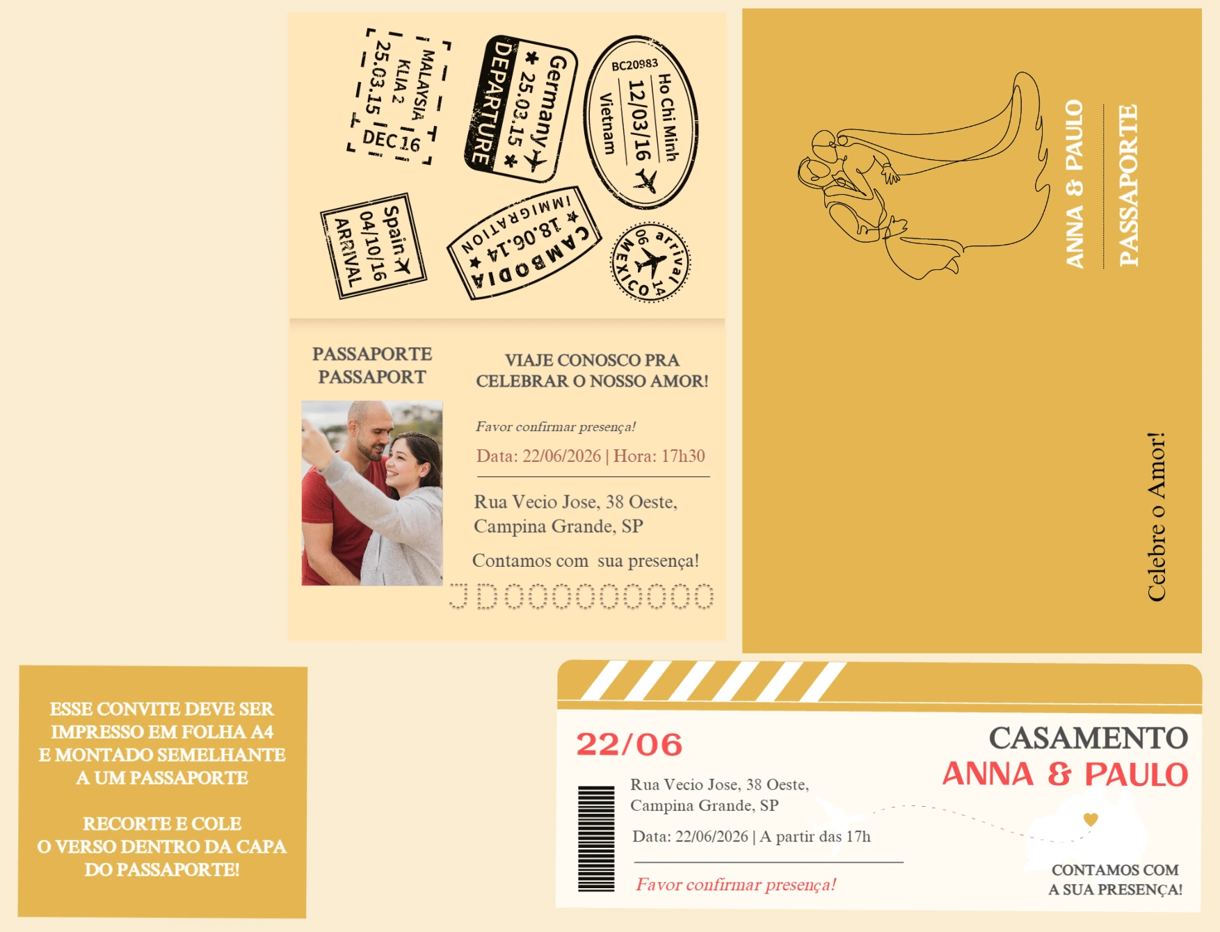 Convite de Casamento Editável Tema Passaporte e Viagem