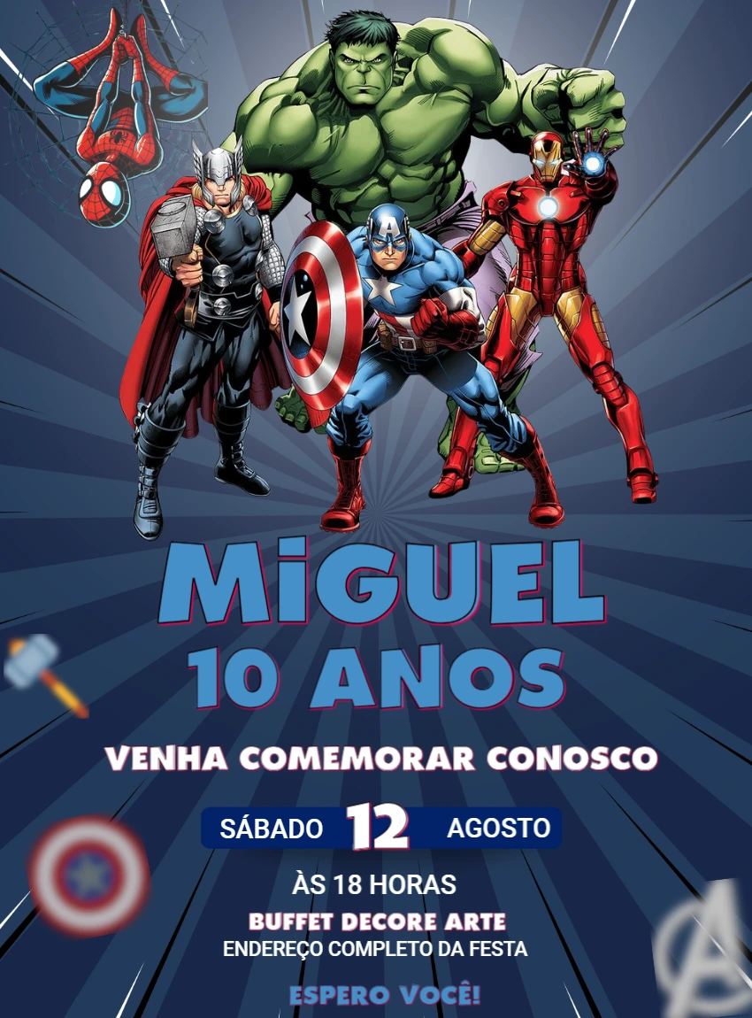 Convite de Aniversário Vingadores para Editar Online